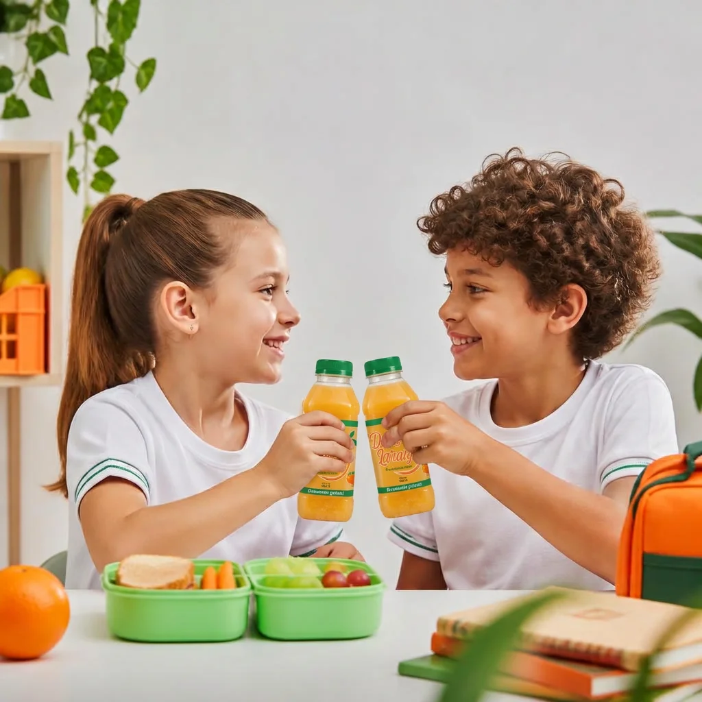 Crianças compartilhando suco integral na hora do lanche escolar