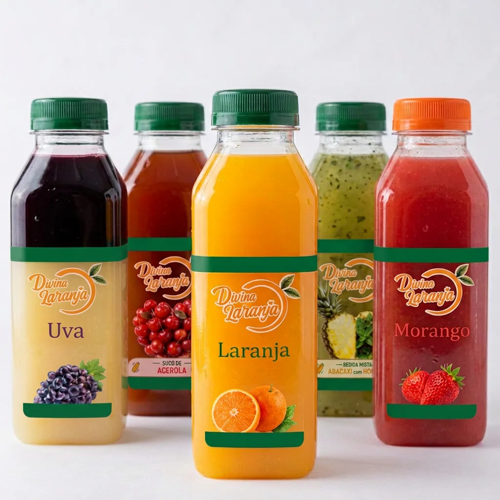 Várias garrafinhas de 300 ml de suco integral em sabores variados